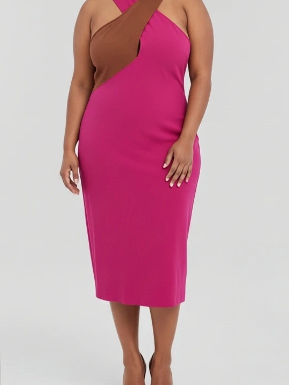 Cross-Front Fuchsia Midi Dress with Brown Accent